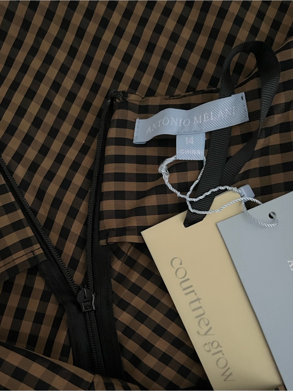 Antonio Melani x Courtney Grow Brown Gingham Midi Dress with Cream Ruffle Trim - Picture 8 of 10